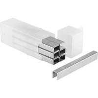 Stanley 1TRA709T 14mm heavy-duty staples, silver, in a clear plastic box with some staples partially extended.