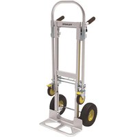 Stanley 2 in 1 silver sack truck and trolley with black handles, yellow wheels, and foldable platform.