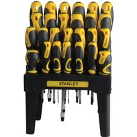 Black and yellow Stanley 26 piece screwdriver set with ergonomic handles in a compact black rack.