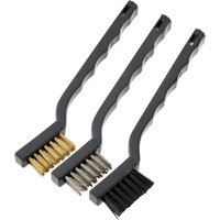 Stanley 3 Piece Abrasive Hand Brush Set with black handles; brass, stainless steel, and nylon bristles.