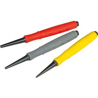 Stanley 3 Piece Dynagrip Nail Punch Set with red, gray, and yellow rubber grips and black steel tips.