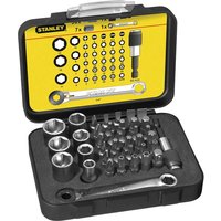 Stanley 39-piece set with sockets, screwdriver bits, and ratchet in a black and yellow plastic case.