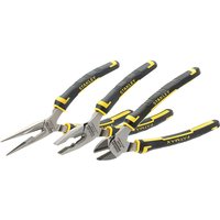 Set of three Stanley Fatmax pliers with black and yellow rubber grips, including needle-nose, combination, and diagonal pliers.