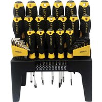 Black and yellow Stanley 44 piece screwdriver rack set with various sizes and types neatly organized in a black stand.