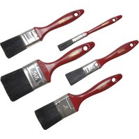 Stanley 5 Piece Decor Paint Brush Set with red handles and black bristles, includes various brush sizes.