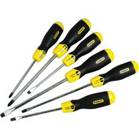 Stanley 6 Piece Cushion Grip Screwdriver Set with black and yellow handles, featuring flathead and Phillips tips.
