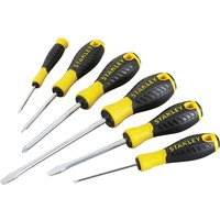 Stanley screwdriver set with black and yellow handles, includes 3 Phillips and 3 slotted screwdrivers.