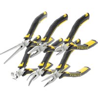 Stanley 6 Piece Fatmax Mini Plier Set with black and yellow grips, featuring various plier types for precision tasks.