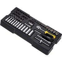 Stanley 60 piece socket set with ratchet, sockets, and extensions in a black plastic organizer tray.