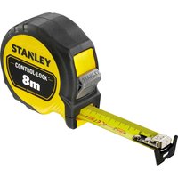 Yellow and black Stanley Control Lock pocket tape measure with an 8m metric blade extended.