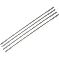 Stanley Coping Saw Blades, silver metal, straight with fine teeth, set of four aligned parallel.