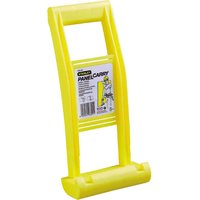 Yellow Stanley drywall panel carrier with ergonomic handle and label on the front.