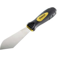 Black and yellow Stanley Dynagrip putty knife with stainless steel blade and ergonomic handle.