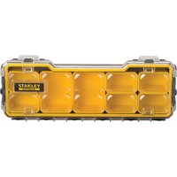 Yellow Stanley FatMax shallow organiser with clear lid and multiple compartments for tool storage.