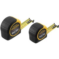 Black and yellow Stanley Fatmax tape measure set with 8m/26ft and 5m/16ft lengths, featuring durable casing.