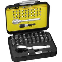 Stanley Fatmax 32 Piece 1/4" Drive Bit & Ratchet Set in black case with yellow lid, includes various bits and a silver ratchet.