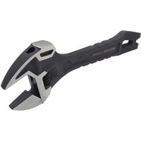 Black and silver Stanley Fatmax adjustable demolition spanner with wide jaw and ergonomic handle.