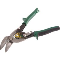 Green-handled Stanley FatMax aviation snips with silver blades and black grips.