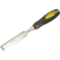 Stanley Fatmax bevel edge chisel with black and yellow handle, silver blade, and engraved logo.