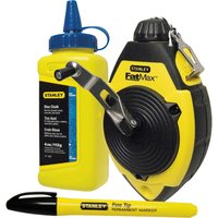 Yellow and black Stanley FatMax chalk line reel, blue chalk refill bottle, and yellow permanent marker pen.