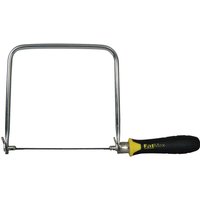Stanley Fatmax coping saw with a black and yellow handle, silver frame, and thin replaceable blade.