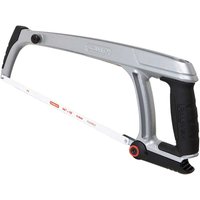 Stanley Fatmax hacksaw with silver frame, black ergonomic handle, and white blade with red tension knob.