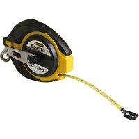 Black and yellow Stanley Fatmax long tape measure with steel blade and hook end.