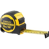 Black and yellow Stanley Fatmax tape measure with 5m/16ft length and rubber grip.