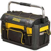 Black and yellow Stanley FatMax open tote tool box with metal handle and multiple exterior pockets.