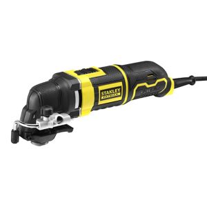 Stanley Fatmax corded multi-tool in black and yellow, featuring a textured grip, adjustable speed settings, and a compact design for versatile cutting and sanding tasks.