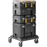Black Stanley FatMax Pro Stack tower with yellow latches, multiple compartments, and wheels for mobility.