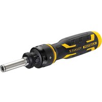 Black and yellow Stanley Fatmax ratcheting screwdriver with ergonomic handle and metal shaft.
