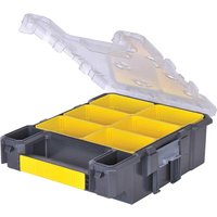 Stanley FatMax Small Organiser with clear lid, yellow compartments, and black base for tool storage.