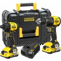Black and yellow Stanley cordless drill and impact driver with battery packs and a hard carrying case.