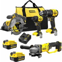 "Yellow and black Stanley FatMax V20 cordless tool kit with drill, circular saw, impact driver, grinder, and batteries"