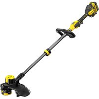 Yellow and black Stanley FatMax cordless line trimmer with brushless motor, 33cm cutting width, and ergonomic handle.
