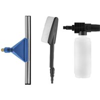 Stanley Fatmax V20 cleaning kit with blue squeegee, white bristle brush, and white spray bottle attachment.