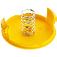 Yellow Stanley FatMax V20 spool cap with central metal spring and side clips.