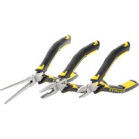 Set of three Stanley Fatmax mini pliers with black and yellow handles, including needle-nose, diagonal, and combination pliers.