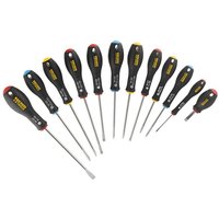 Stanley Fatmax 12-piece screwdriver set with black handles, yellow logo, and varied flathead and Phillips tips.