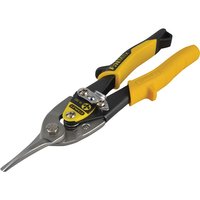 Yellow Stanley aviation snips with straight cut blades and black grips, includes a matching holster.