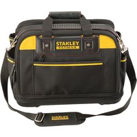 Black and yellow Stanley Fatmax tool bag with multiple pockets, dual handles, and adjustable shoulder strap.