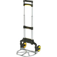 Stanley FT500 folding hand lift truck with silver frame, black handle, and yellow wheels.