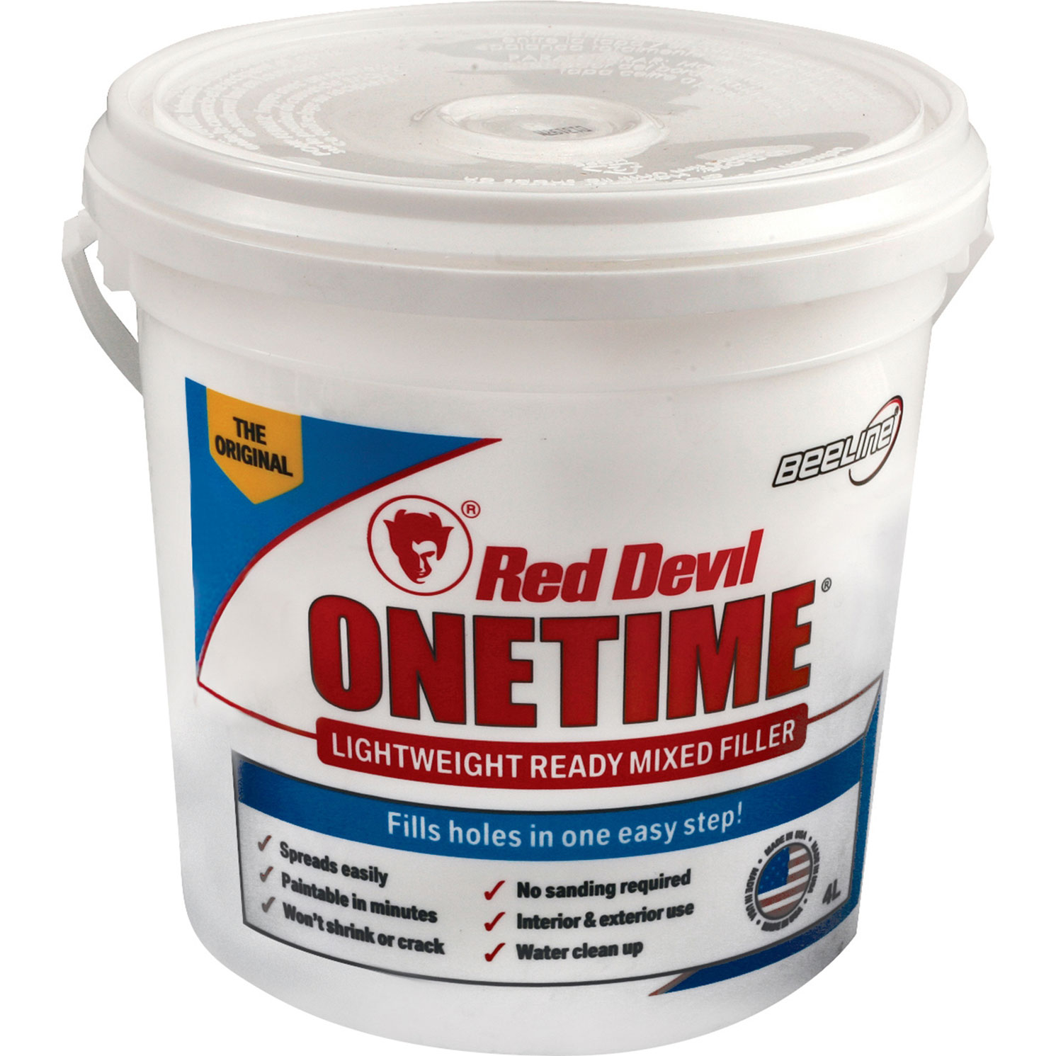 Red Devil Onetime Filler in a 4-litre white plastic bucket, featuring a blue and red label with the product name and logo, designed for filling holes easily.
