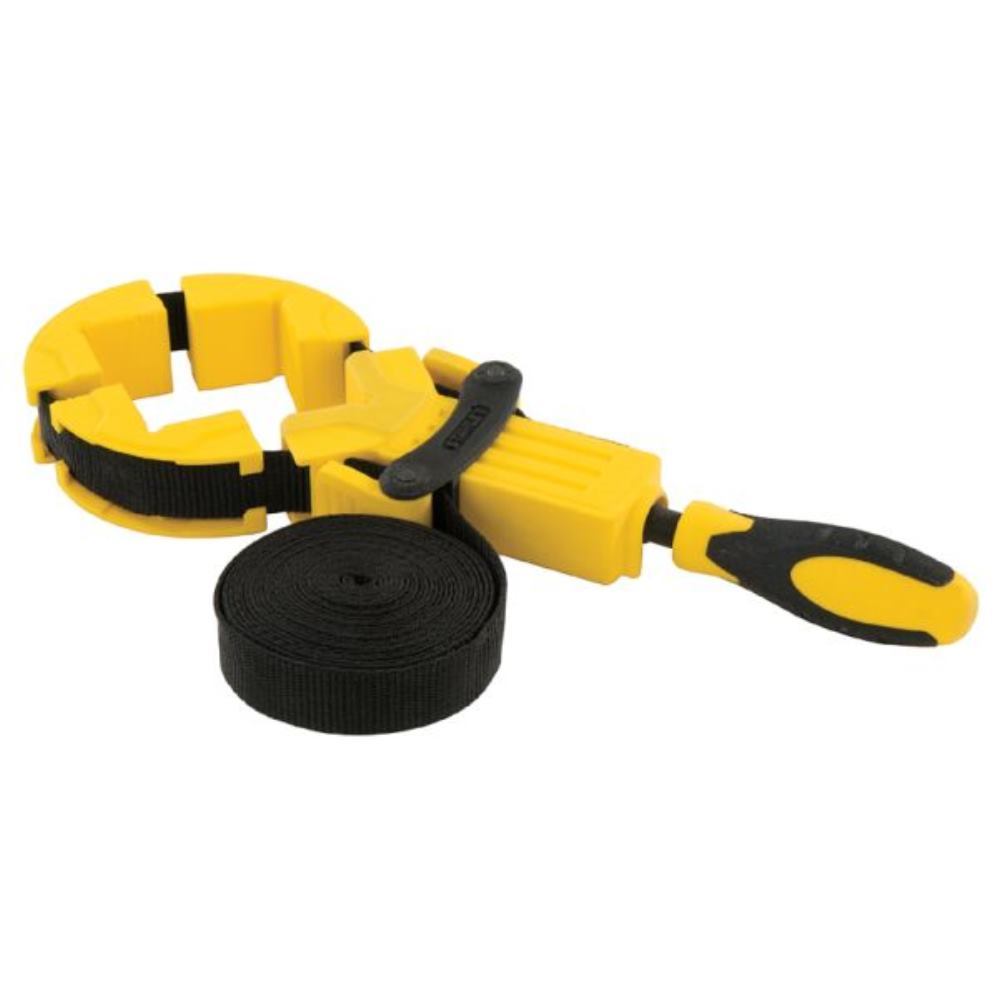 Yellow and black Stanley Bailey Band Clamp with a 4.5m/15ft strap, featuring a sturdy plastic handle and adjustable grip for securing materials.