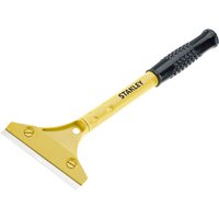 Yellow Stanley heavy duty scraper with long black grip handle and wide metal blade.