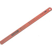 Red Stanley HSS Molybdenum hacksaw blade with black text and arrow, hole at one end for attachment.