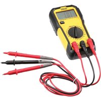 Yellow and black Stanley digital multimeter with red and black test probes and a central dial.