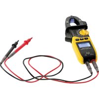 Yellow and black Stanley digital multimeter with clamp, LCD screen, and red and black test leads.