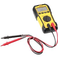 Yellow and black Stanley digital multimeter with LCD screen, rotary dial, and red and black test probes.